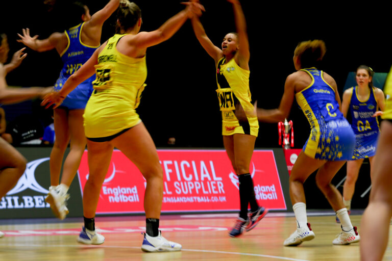 Taken during the Vitality Super League match between Team Bath and Manchester Thunder at Studio 001, Wakefield, England on 12th March 2021.