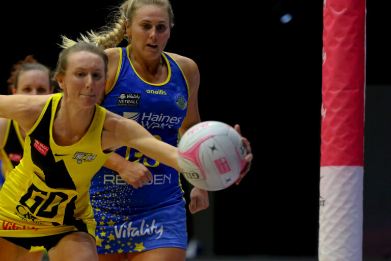 Action shot during the Vitality Super League match between Team Bath and Manchester Thunder at Studio 001, Wakefield, England on 12th March 2021.