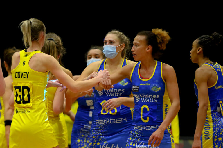 Celebrations during the Vitality Super League match between Team Bath and Manchester Thunder at Studio 001, Wakefield, England on 12th March 2021.