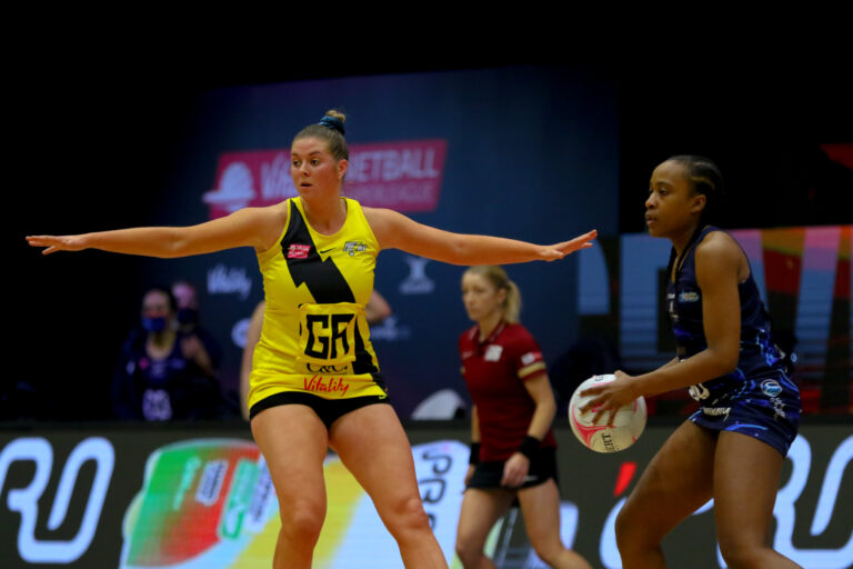 Eleanor Cardwell of Manchester Thunder during the Vitality Super League match between Severn Stars and Manchester Thunder at Studio 001, Wakefield, England on 28th February 2021.