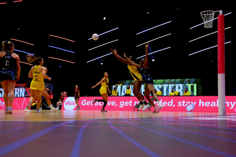 Action during the Vitality Super League match between Severn Stars and Manchester Thunder at Studio 001, Wakefield, England on 28th February 2021.