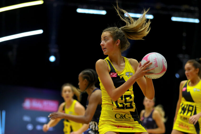Action shot during the Vitality Super League match between Severn Stars and Manchester Thunder at Studio 001, Wakefield, England on 28th February 2021.