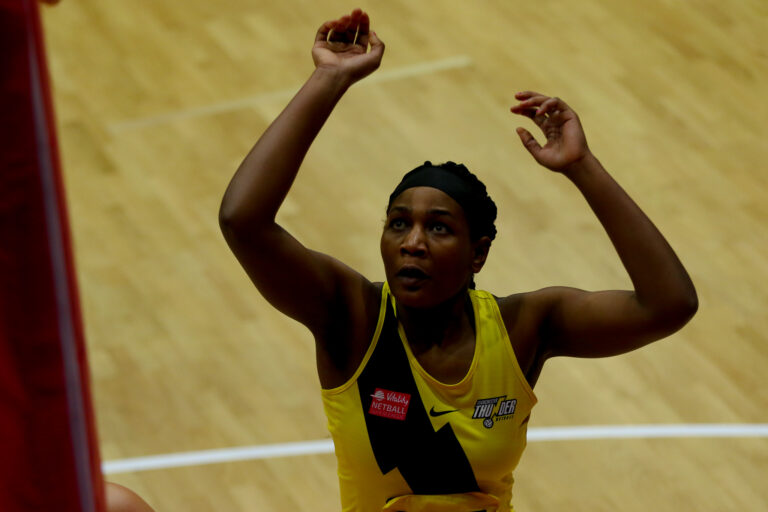 Joyce Mvula of Manchester Thunder during the Vitality Super League match between Manchester Thunder and Wasps Netball at Studio 001, Wakefield, England on 13th March 2021.