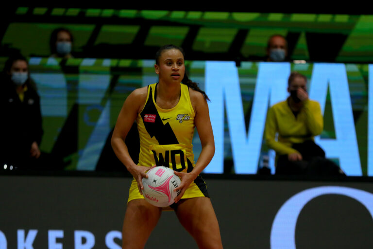 Laura Malcolm of Manchester Thunder during the Vitality Super League match between Manchester Thunder and Wasps Netball at Studio 001, Wakefield, England on 13th March 2021.