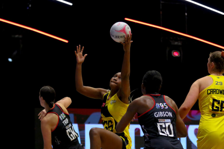 Action shot during the Vitality Super League match between Saracens Mavericks and Manchester Thunder at Studio 001, Wakefield, England on 5th April 2021.
