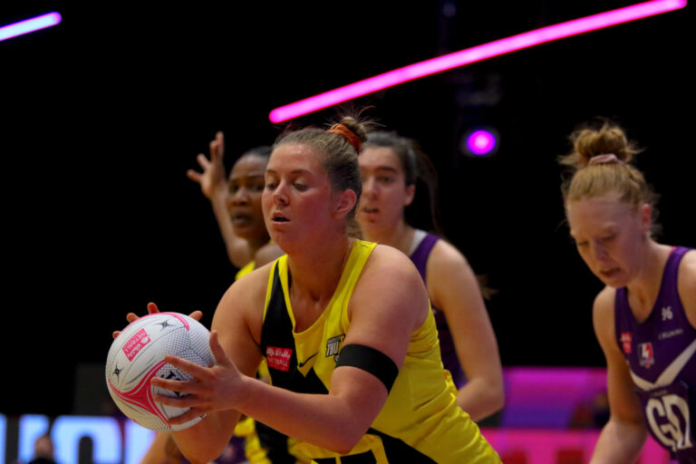 Action shot during the Vitality Super League match between Manchester Thunder and Loughborough Lightning at Studio 001, Wakefield, England on 4th April 2021.