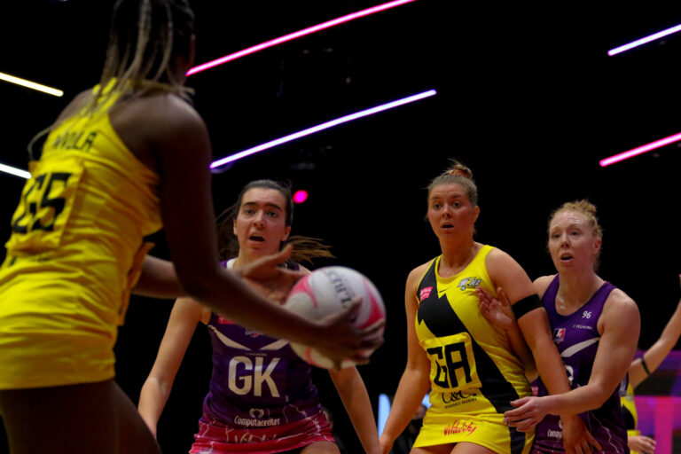 Action shot during the Vitality Super League match between Manchester Thunder and Loughborough Lightning at Studio 001, Wakefield, England on 4th April 2021.