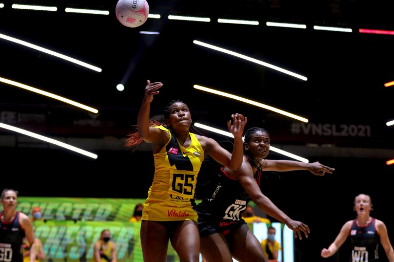 Action shot during Vitality Super League match between Manchester Thunder and Saracen Mavericks at Copper Box Arena, London, England on 16th May 2021.