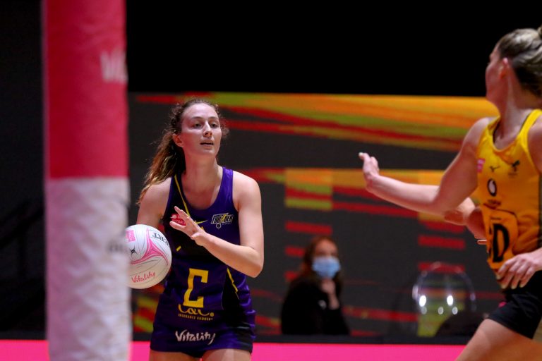 Amy Carter of Manchester Thunder during Vitality Super League match between Wasps Netball and Manchester Thunder at Copper Box Arena, London, England on 17th May 2021.
