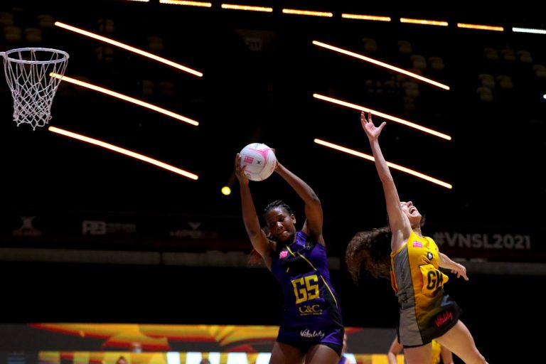 Action shot during Vitality Super League match between Wasps Netball and Manchester Thunder at Copper Box Arena, London, England on 17th May 2021.