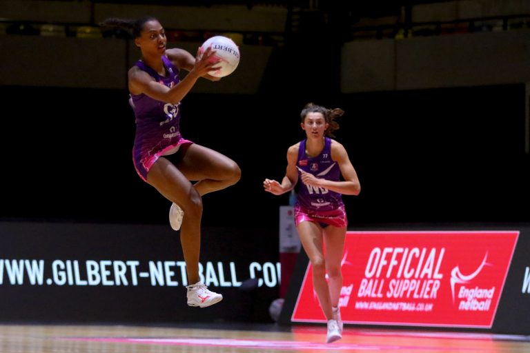 Jasmin Odeogberin of Loughborough Lightning during Vitality Super League match between Loughborough Lightning and Manchester Thunder at Copper Box Arena, London, England on 14th June 2021.