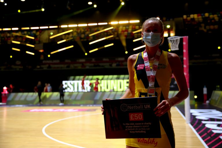 Player of the Match, Emma Dovey of Manchester Thunder during Vitality Super League match between Manchester Thunder and Strathclyde Sirens at Copper Box Arena, London, England on 20th June 2021.