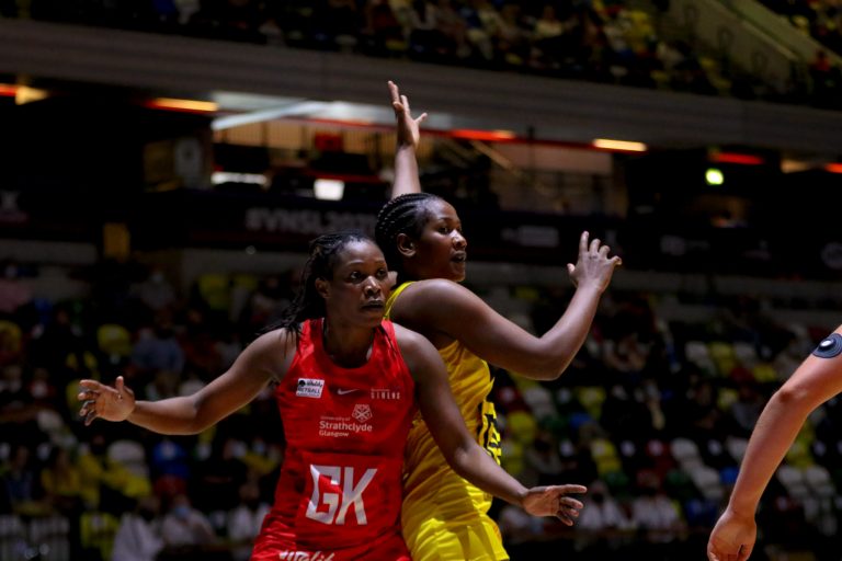 Action shot during Vitality Super League match between Manchester Thunder and Strathclyde Sirens at Copper Box Arena, London, England on 20th June 2021.