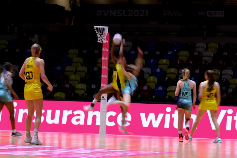 Action shot during Vitality Super League match between Manchester Thunder and Surrey Storm at Copper Box Arena, London, England on 30th May 2021.